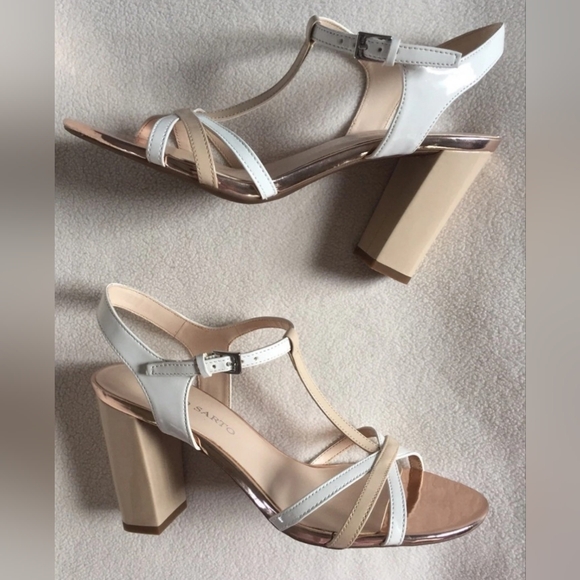 NEW Franco Sarto Ebba White and Tan Block Heel Sandals T Strap Heels Sz. 7 - Picture 1 of 13